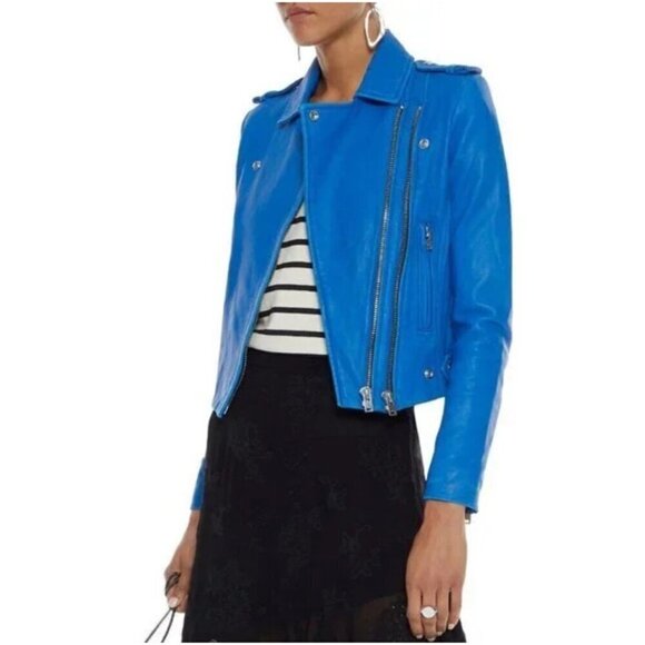 IRO Women's Luigaspe Blue Lamb Skin Designer Leather Moto Jacket - 2 - Picture 1 of 16